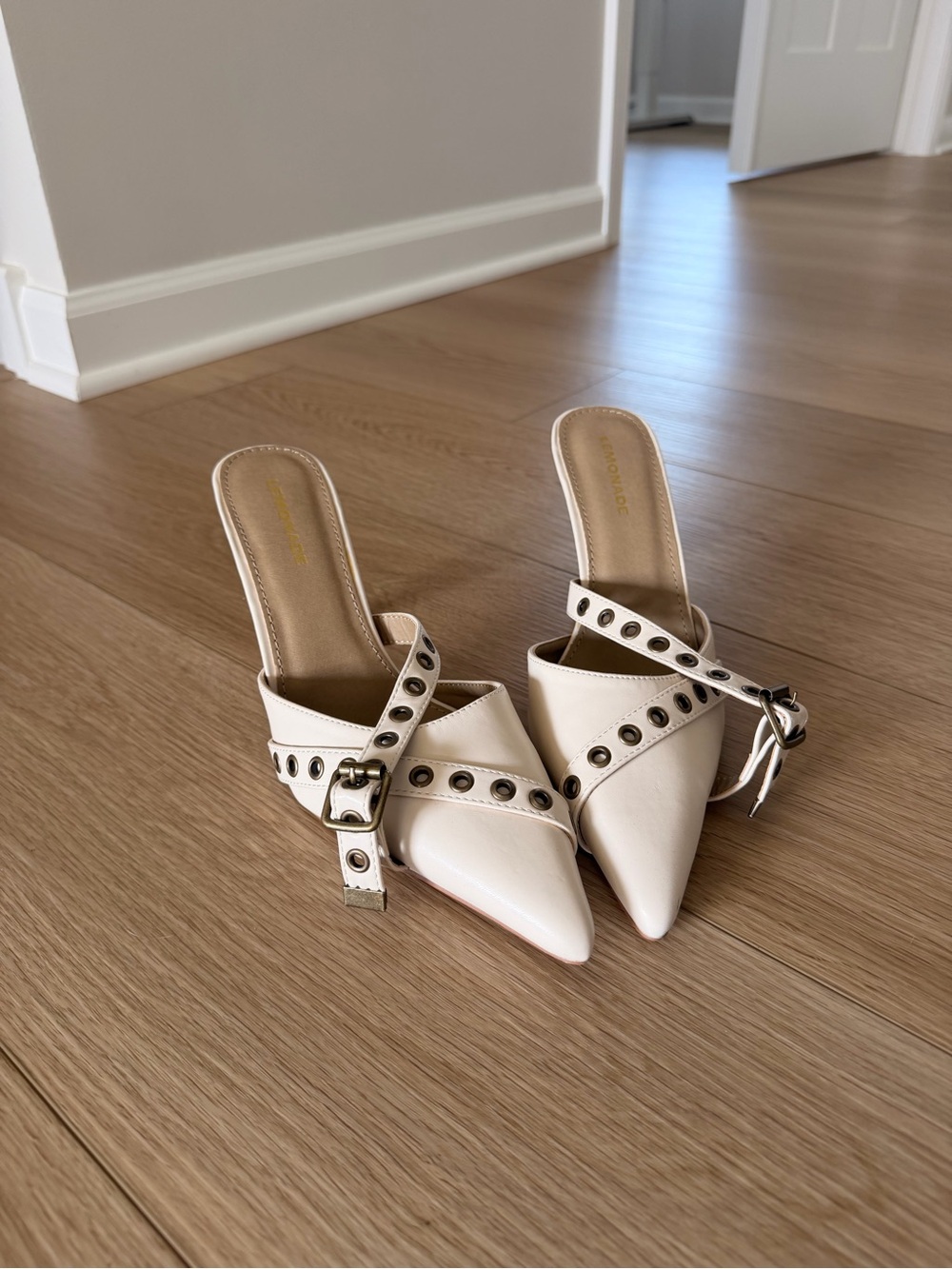 Lemonade Cream Pointed Toe Buckle Mule Heels - Picture 2 of 3
